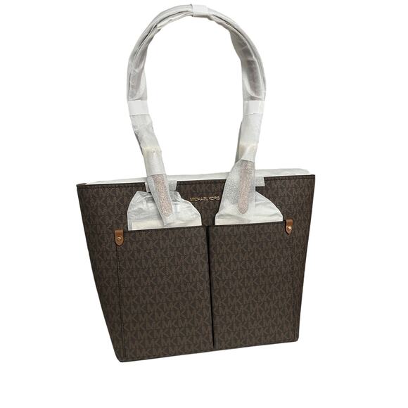 Michael Kors Womens Jet Set Travel Medium Double Pocket Tote Brown - Picture 3 of 6